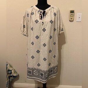 Embroidered Linen Dress Cream Tie-Neck Midi Dress in White and Black. Sz M. NWT